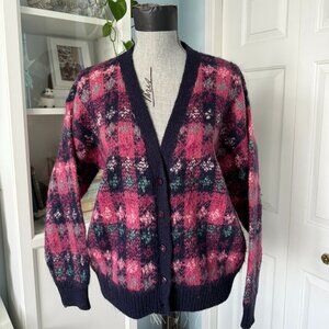 Vintage 80s White Stag Fuzzy Argyle Cardigan – Hot Pink & Navy – Size L